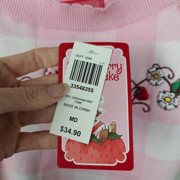 Hot Topic Strawberry Shortcake Knit Tank Top Womens Medium White Pink Gingham - Picture 5 of 9